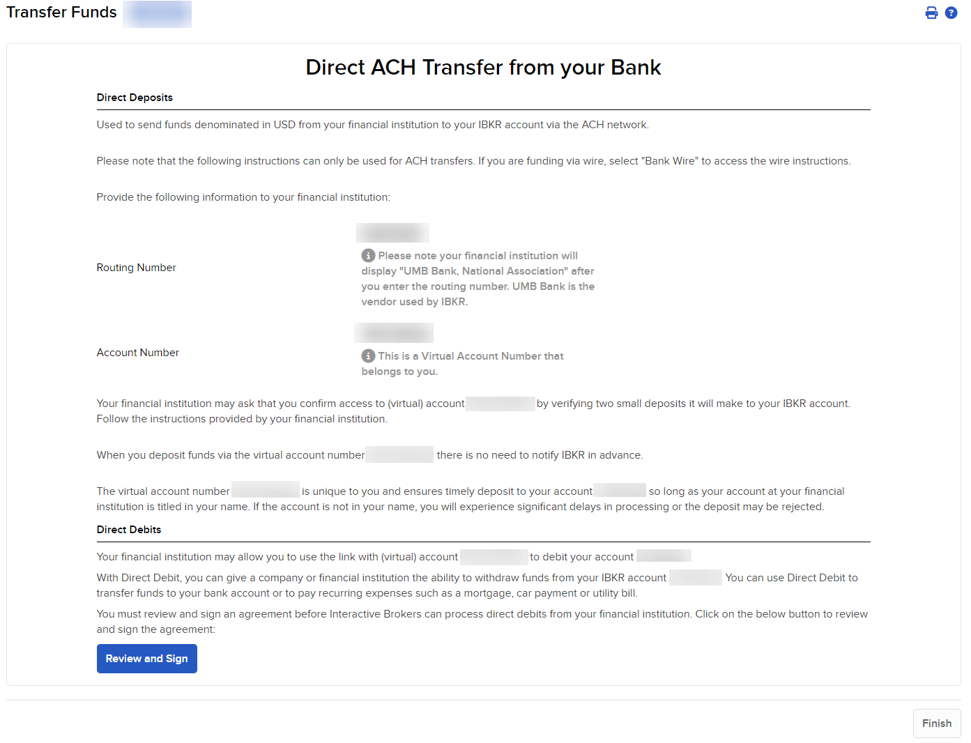 The direct ACH transfer panel in portal. 